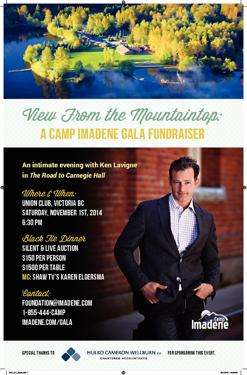 Camp Imadene Gala Fundraiser: Ken Lavigne @ The Union Club of British Columbia Nov 1 2014 - May 1st @ The Union Club of British Columbia