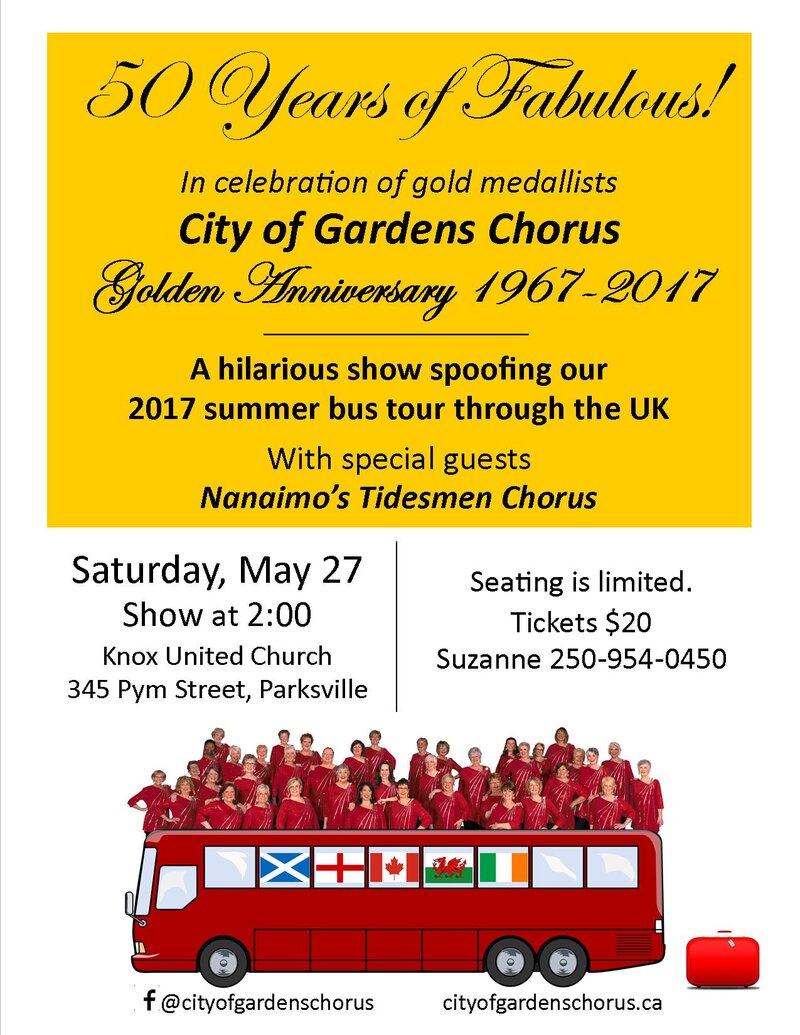 50 YEARS OF FABULOUS! ~ a hilarious musical show: City of Gardens Chorus, TIDESMEN CHORUS @ Parksville: Knox United Church, 345 Pym Street May 27 2017 - May 6th @ Parksville: Knox United Church, 345 Pym Street