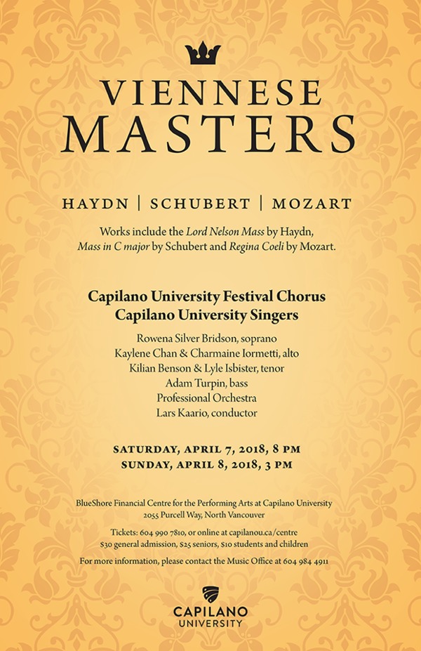 VIENNESE MASTERS - HAYDN, SCHUBERT, MOZART: Capilano University Choirs @ BlueShore Financial Centre for the Performing Arts at Capilano U Apr 7 2018 - May 6th @ BlueShore Financial Centre for the Performing Arts at Capilano U