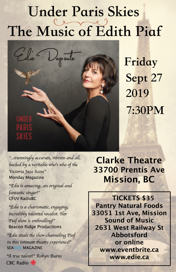 Under Paris Skies: La Musique d'Edith Piaf: Edie DaPonte @ Clarke Foundation Theatre Sep 27 2019 - May 6th @ Clarke Foundation Theatre