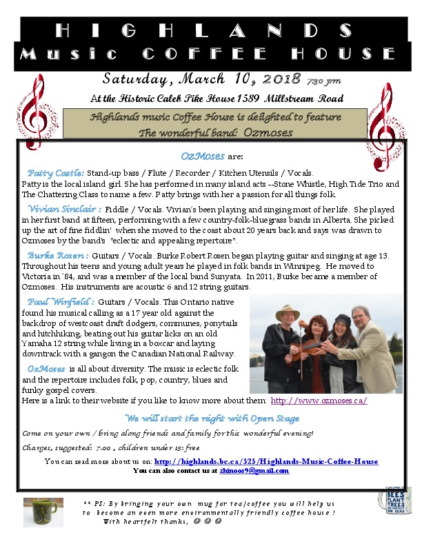 Highlands Music Coffee House, is delighted to bring the band:: OzMoses @ Caleb Pike House Mar 10 2018 - May 9th @ Caleb Pike House