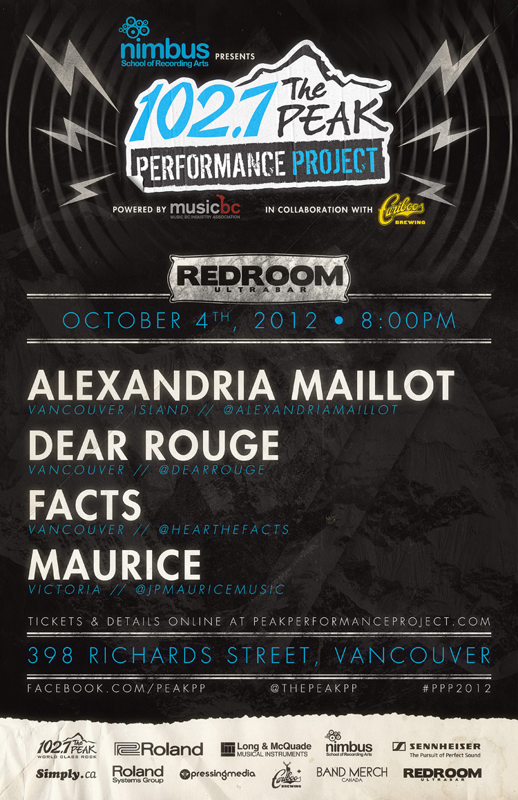 NIMBUS (SCHOOL OF RECORDING ARTISTS) PRESENTS   100.5 THE PEAK PERFORMANCE PROJECT NIGHT #3  Powered by Music BC & in Collaboration with Cariboo Brewing  Featuring: Alexandria Maillot, Dear Rouge, FACTS, Maurice @ The Red Room Oct 4 2012 - May 6th @ The Red Room