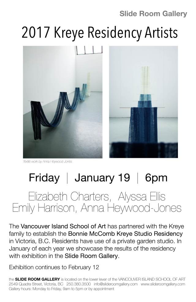 2017 Kreye Residency Artists: Elizabeth Charters , Alyssa Ellis , Emily Harrison , Anna Heywood-Jones @ Slide Room Gallery Jan 19 2018 - May 5th @ Slide Room Gallery