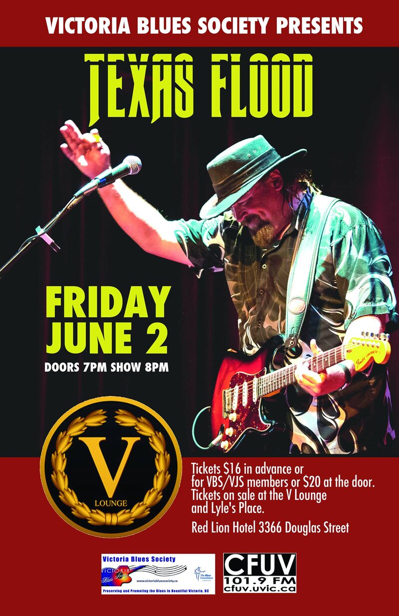 Victoria Blues Society presents Texas Flood a Tribute to Stevie Ray Vaughan: Texas Flood, Renovation Blues Band @ V-lounge Jun 2 2017 - May 8th @ V-lounge