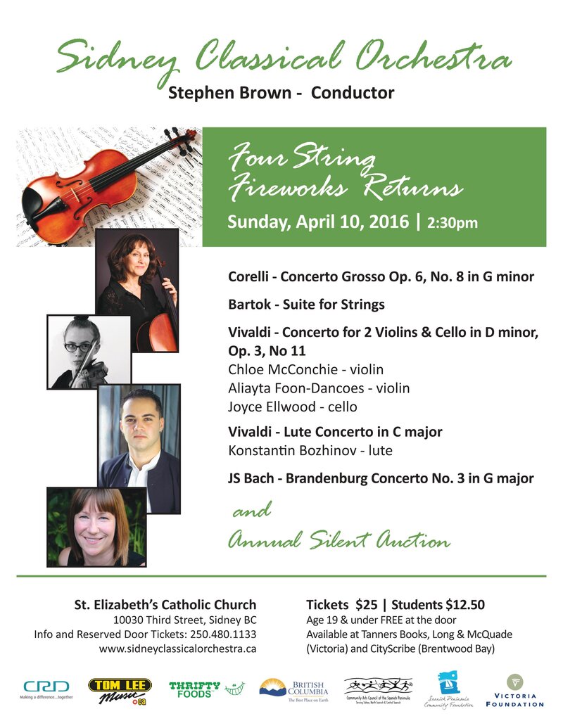 Four String Fireworks RETURNS!: Sidney Classical Orchestra @ St Elizabeth’s Catholic Church, 10030 Third Street, Sidney, BC - Apr 10, 2016