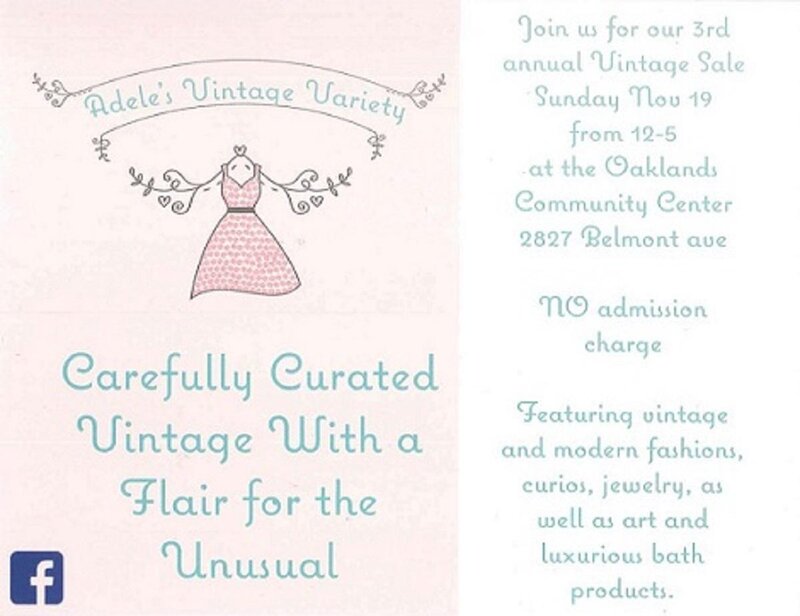Adele's 3rd Annual Vintage Variety Sale: banbutsu, Rose's Luxurious Bath Products, Adele's Vintage Variety , Retro Rose Handmade Children's Mobiles , Melanie Spencer Watercolor Little Bird Studio , Amber & Kiana's Handmade Creations, Wylde Syde Creations Jewellery, Boo Boo Retro , Cindy's Collectibles @ Oaklands Community Association Nov 19 2017 - May 6th @ Oaklands Community Association