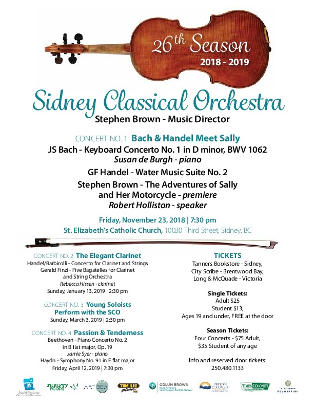 Bach & Handel Meet Sally: Sidney Classical Orchestra, Susan de Burgh - piano, Stephen Brown - conductor, Robert Holliston - speaker @ St Elizabeth's Catholic Church, 10030 Third Street, Sidney, BC - Nov 23, 2018