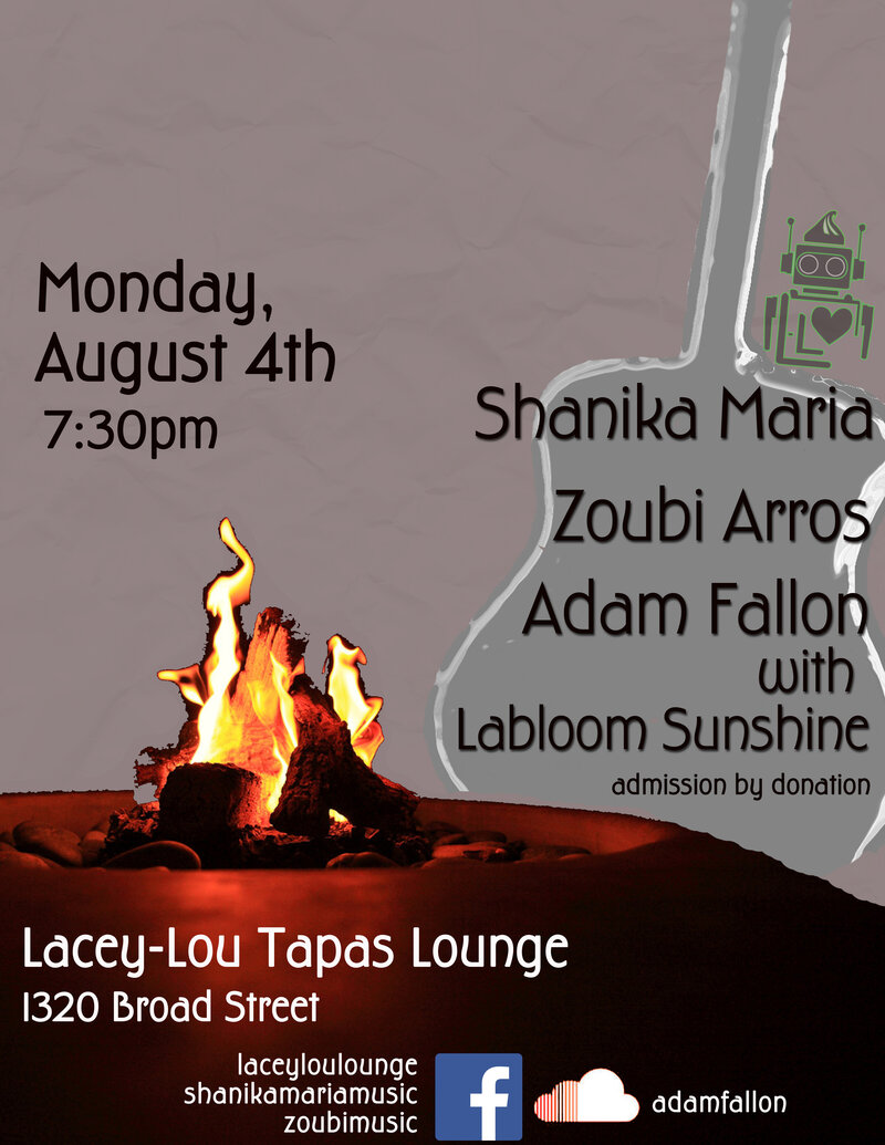 Live Music @ Lacey-Lou Tapas Lounge: Adam Fallon, Labloom Sunshine, Zoubi Arros, Shanika Maria @ Lacey-Lou Tapas Lounge Aug 4 2014 - May 7th @ Lacey-Lou Tapas Lounge