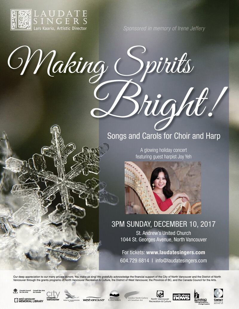 Making Spirits Bright! Songs and Carols for Choir and Harp: Laudate Singers, Joy Yeh (harp) @ St Andrews United Church Dec 10 2017 - May 6th @ St Andrews United Church