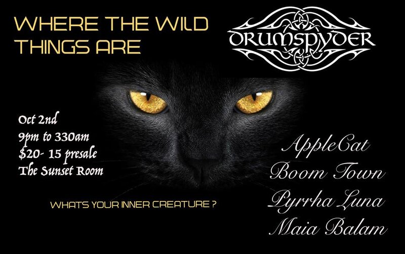 DRUMSPYDER , Applecat, Boomtown, Pyhrra Luna, Maia Balam @ Sunset Labs Oct 2 2015 - May 6th @ Sunset Labs