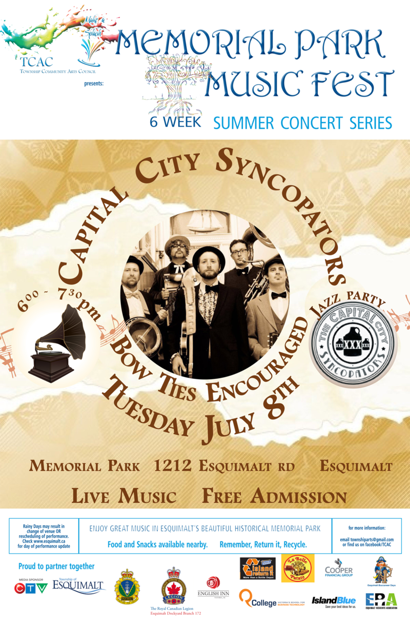 CONCERT #3: Capital City Syncopators @ MEMORIAL PARK 1212 ESQUIMALT RD ESQUIMALT Jul 8 2014 - May 8th @ MEMORIAL PARK 1212 ESQUIMALT RD ESQUIMALT