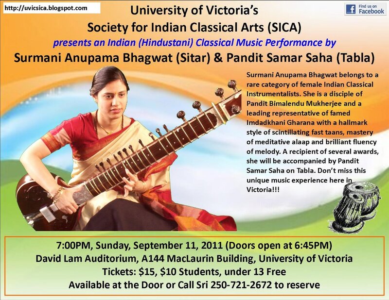 Sitar and Tabla concert: Anupama Bhagwat, Samar Saha @ David Lam Auditorium Sep 11 2011 - May 10th @ David Lam Auditorium