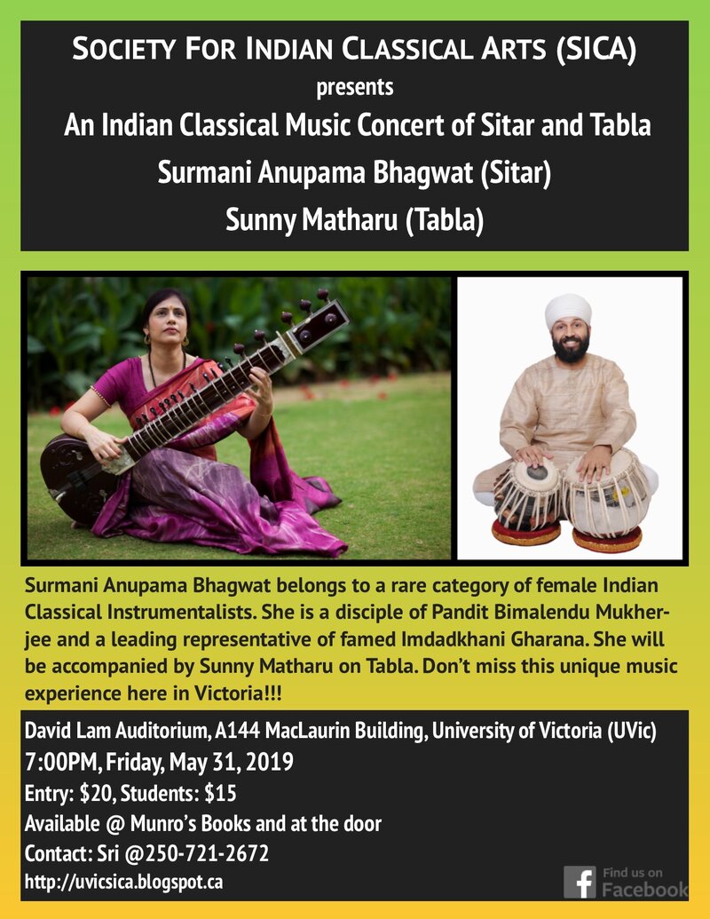 An Indian Classical Music on Sitar and Tabla: Anupama Bhagwat, Sunny Matharu @ David Lam Auditorium May 31 2019 - May 10th @ David Lam Auditorium