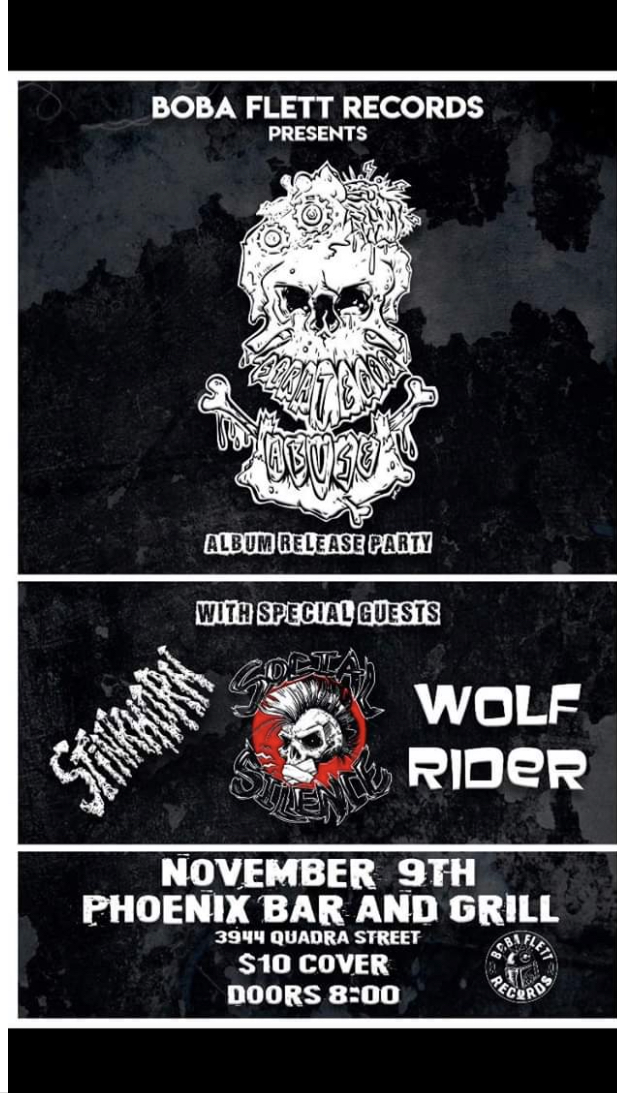 Strategic Abuse Album Release Party: Strategic Abuse, Stinkhorn, Social science, Wolf Rider @ The Phoenix Bar and Grill Nov 9 2019 - May 9th @ The Phoenix Bar and Grill