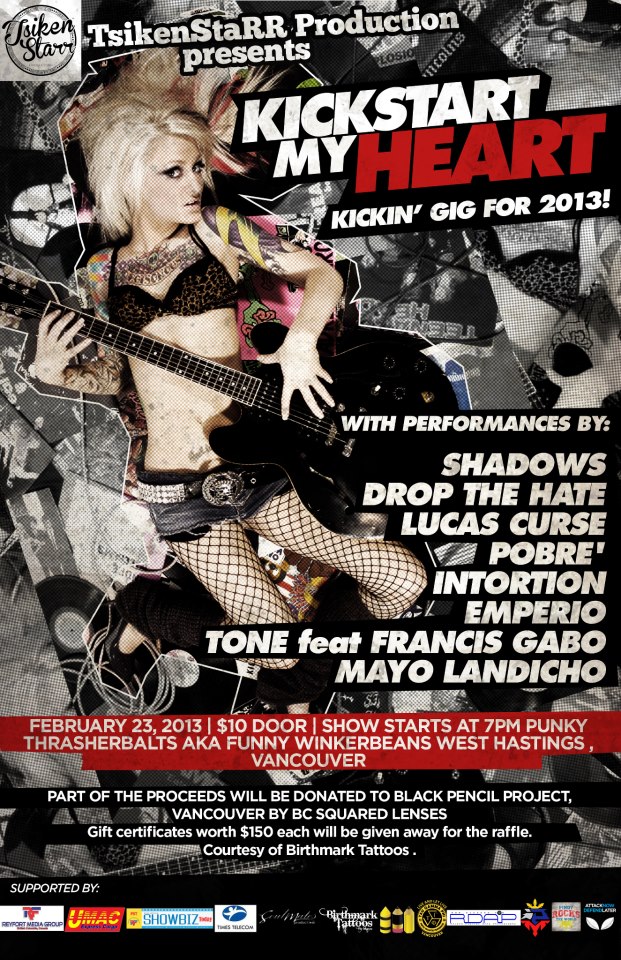 KICKSTART MY HEART FILIPINO PARTY: Shadows, DROP THE HATE, LUCAS CURSE, POBRE, INTORTION, EMPERIO, TONE FEAT FRANCIS GABO, MAYO LANDICHO @ Funky Winker Beans Feb 23 2013 - Jun 12th @ Funky Winker Beans