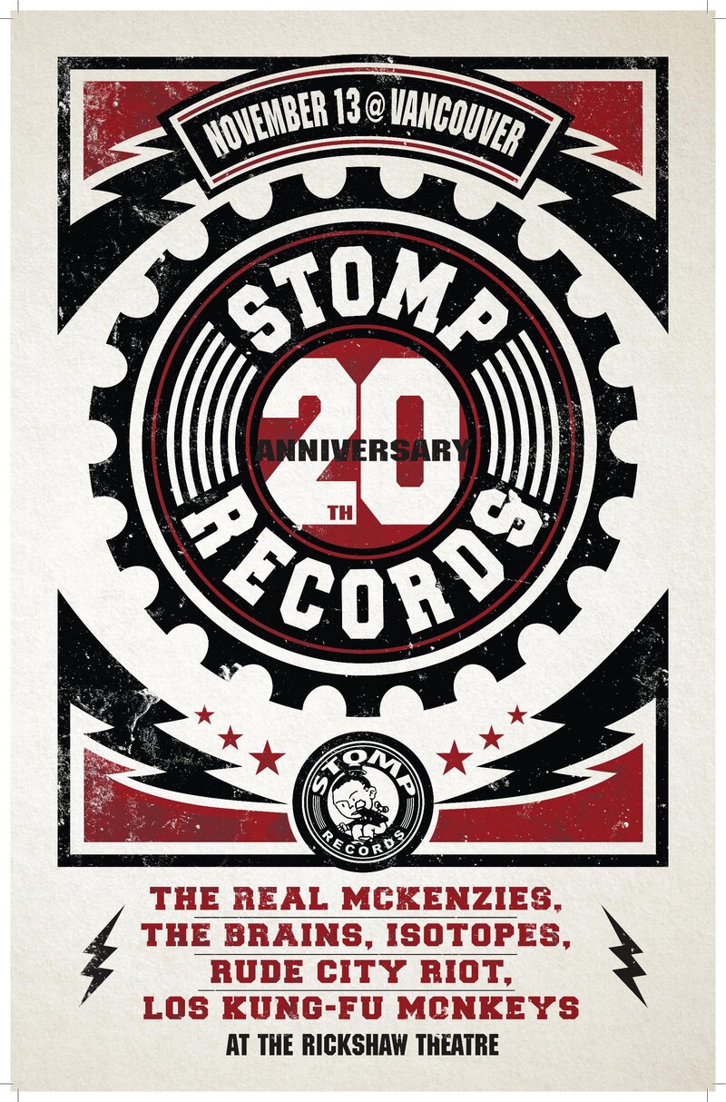 Stomp Records 20th Anniversary Show: The Real McKenzies, The Brains, Rude City Riot, Isotopes, Los Kung-Fu Monkeys @ Rickshaw Theatre Nov 13 2015 - May 6th @ Rickshaw Theatre