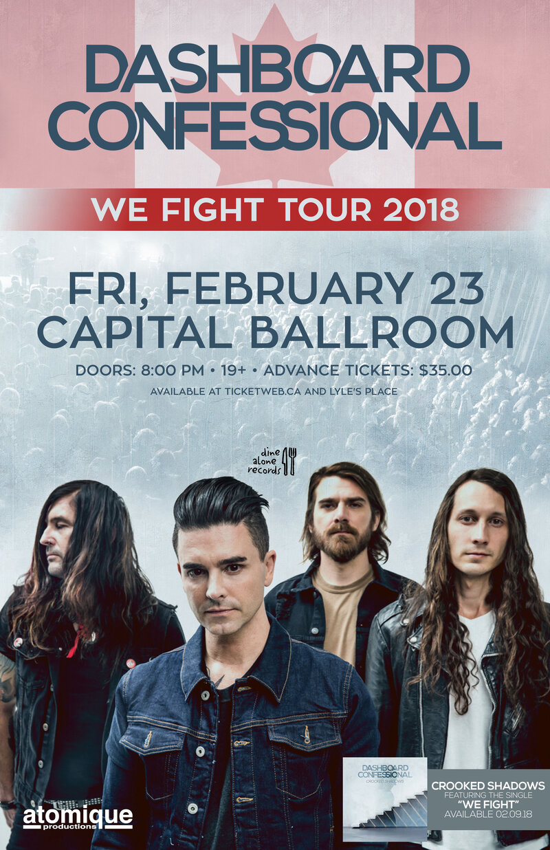 Dashboard Confessional: Dashboard Confessional, The Elwins, Cara Bateman @ Capital Ballroom Feb 23 2018 - May 6th @ Capital Ballroom