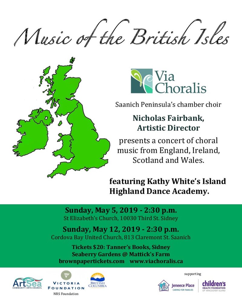 Music of the British Isles: Via Choralis Chamber Choir, Kathy White Island Highland Dancers @ Cordova Bay United May 12 2019 - May 7th @ Cordova Bay United