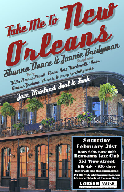 Take Me to New Orleans: Shanna Dance, Jonnie Bridgman, Thomas Kinzel, Ross Macdonald, Damian Graham @ Hermann's Jazz Club Feb 21 2015 - May 6th @ Hermann's Jazz Club
