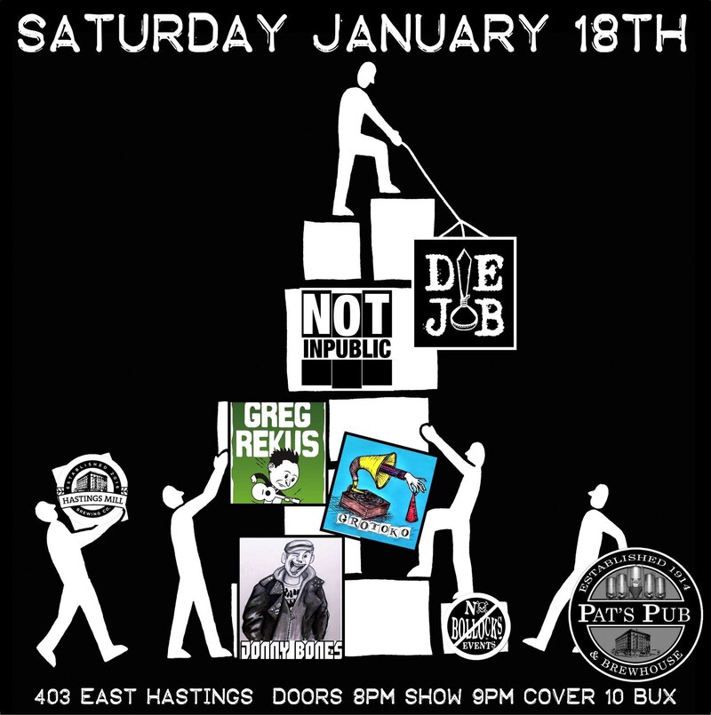 Riot Folk/Punk Night: Die Job, NOT INPUBLIC, Greg Rekus, Jonny Bones , Grotoko @ Pat's Pub Jan 18 2020 - May 6th @ Pat's Pub