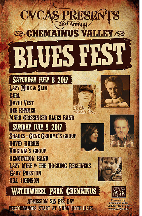 Chemainus Valley Blues Fest: Lazy Mike and Slim, CURL, David Vest, Deb Rhymer (Hunt) (Hunt), Mark Crissinger Blues Band @ Chemainus Waterwheel Park Bandshell Jul 8 2017 - May 6th @ Chemainus Waterwheel Park Bandshell