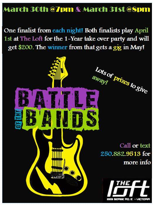 Battle of the Bands: Be-Rad Crew, Vintage Funk, Snatch, Gord Phillips , Merlin Engine, The Helletones, 10 Dead Rabbits, Neon Feline @ The Loft (Victoria) Mar 30 2017 - May 7th @ The Loft (Victoria)