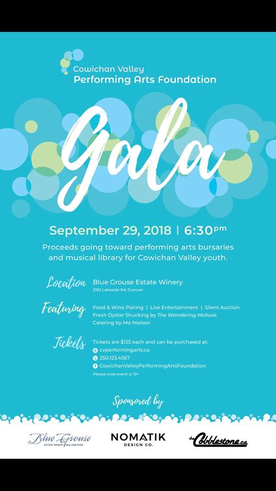 Cowichan Valley Performing Arts Foundation Gala @ Blue Grouse Estate Winery - Sep 29, 2018