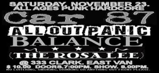 ALL AGES HARDCORE/PUNK:: Car 87, ALL OUT PANIC, Balance, THE ROSA LEE @ The Gates Nov 23 2013 - May 8th @ The Gates