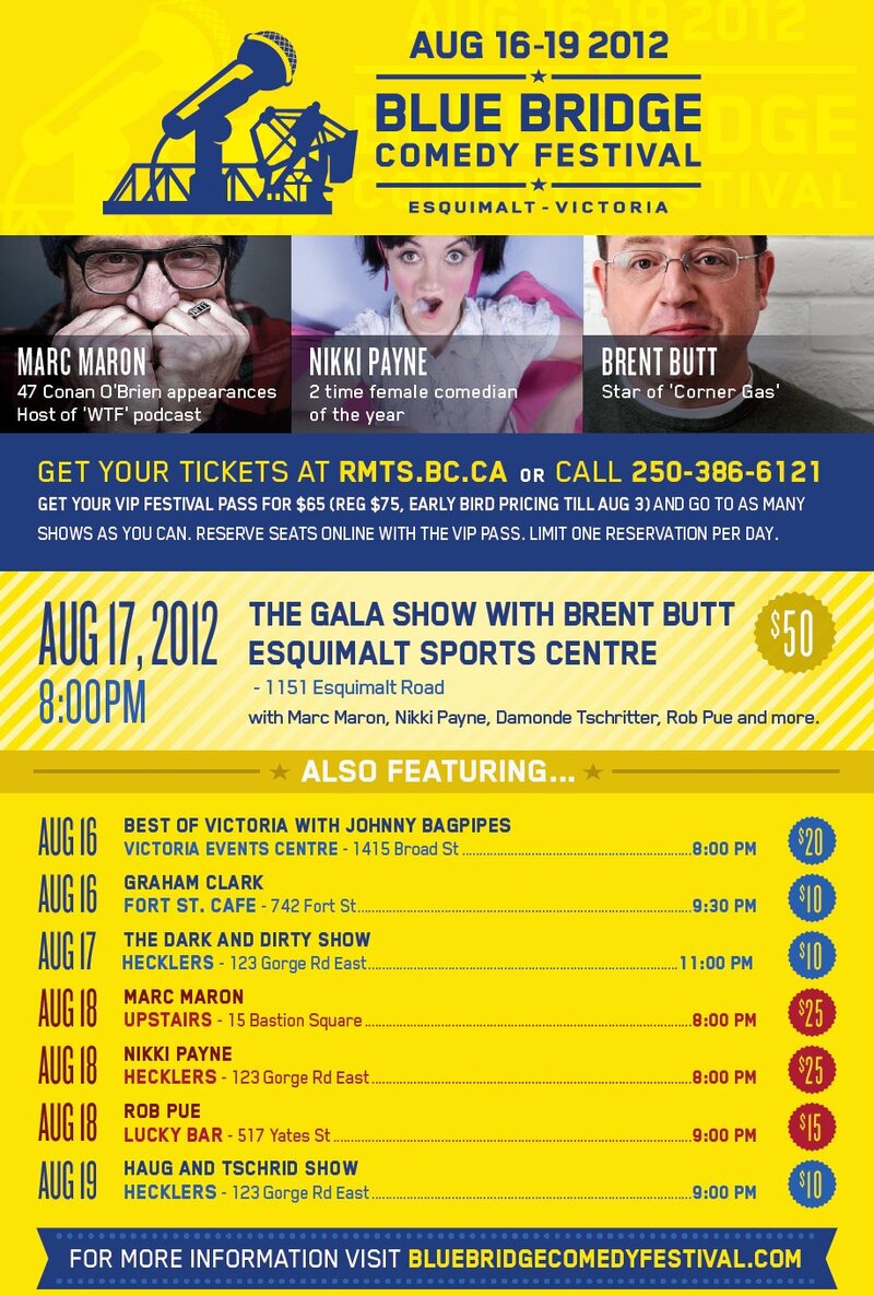 Blue Bridge Comedy Festival Gala Event: Brent Butt, Marc Maron, Nikki Payne, Damonde Tschritter, Rob Pue @ Archie Browning Sports Centre Aug 17 2012 - May 7th @ Archie Browning Sports Centre