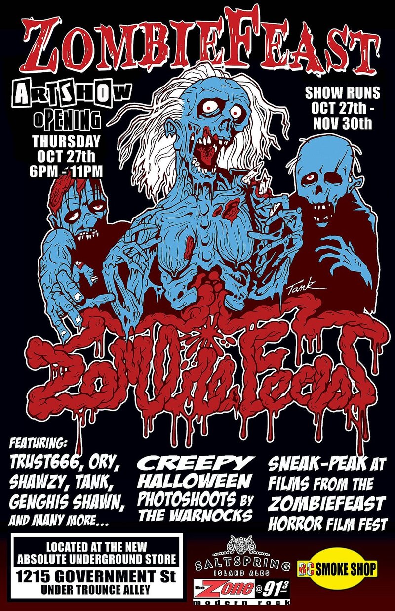 ZombieFeast Horror Artshow Opening Party!!!: Trust666, Ory, Tank, SHAWZY, Genghis Shawn, Lawrence Denvir, Photography by the Warnocks, And More... @ Absolute Underground Gallery Oct 27 2011 - May 6th @ Absolute Underground Gallery