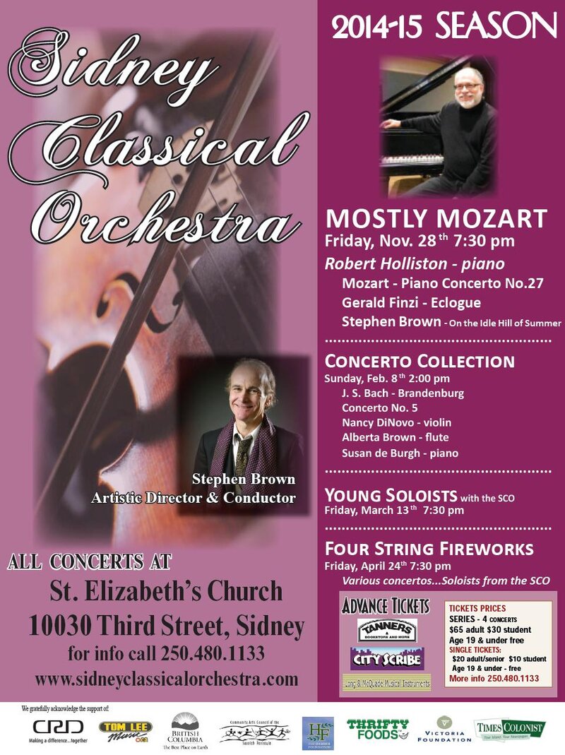 "Mostly Mozart" ft: Sidney Classical Orchestra @ St Elizabeth's Catholic Church, 10030 Third Street, Sidney, BC Nov 28 2014 - May 6th @ St Elizabeth's Catholic Church, 10030 Third Street, Sidney, BC