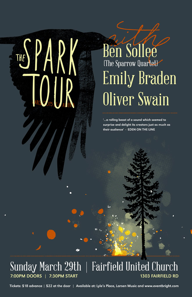 The Spark Tour: Oliver Swain, Emily Braden, Ben Sollee @ Fairfield United Church Mar 29 2015 - May 6th @ Fairfield United Church