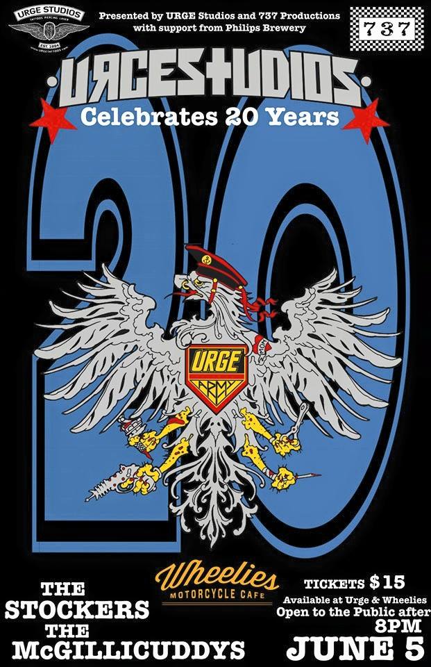 Urge Studios Celebrates 20 Years: The McGillicuddys, The Stockers @ Wheelies Motorcyles Jun 5 2015 - May 8th @ Wheelies Motorcyles