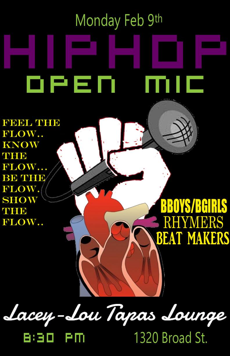 HIP HOP OPEN MIC: Jacob, Azziz, Greg Block @ Lacey-Lou Tapas Lounge Feb 9 2015 - May 9th @ Lacey-Lou Tapas Lounge