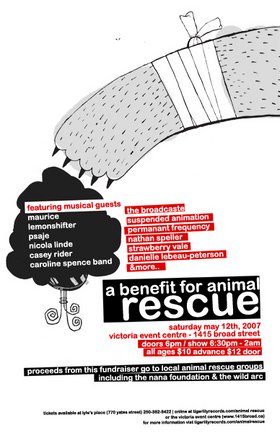 Benefit for Animal Rescue: Maurice, Casey Ryder, Lemonshifter, Permanent Frequency, suspended animation, Nicola Linde, The Broadcaste, Psaje, Caroline Spence Band, Strawberry Vale &more @ Victoria Event Centre May 12 2007 - May 7th @ Victoria Event Centre