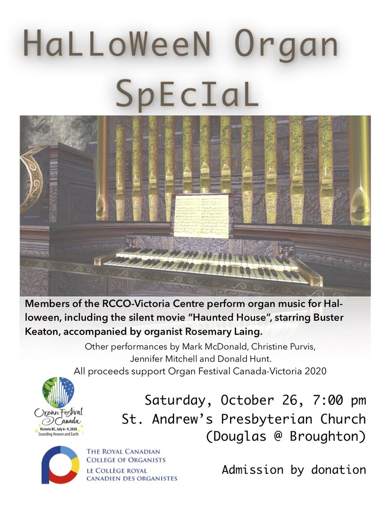 Halloween Organ Special: Rosemary Laing, Jennifer Mitchell, Mark McDonald, Christine Purvis, Donald Hunt @ St. Andrews Presbyterian Church Oct 26 2019 - Jun 13th @ St. Andrews Presbyterian Church