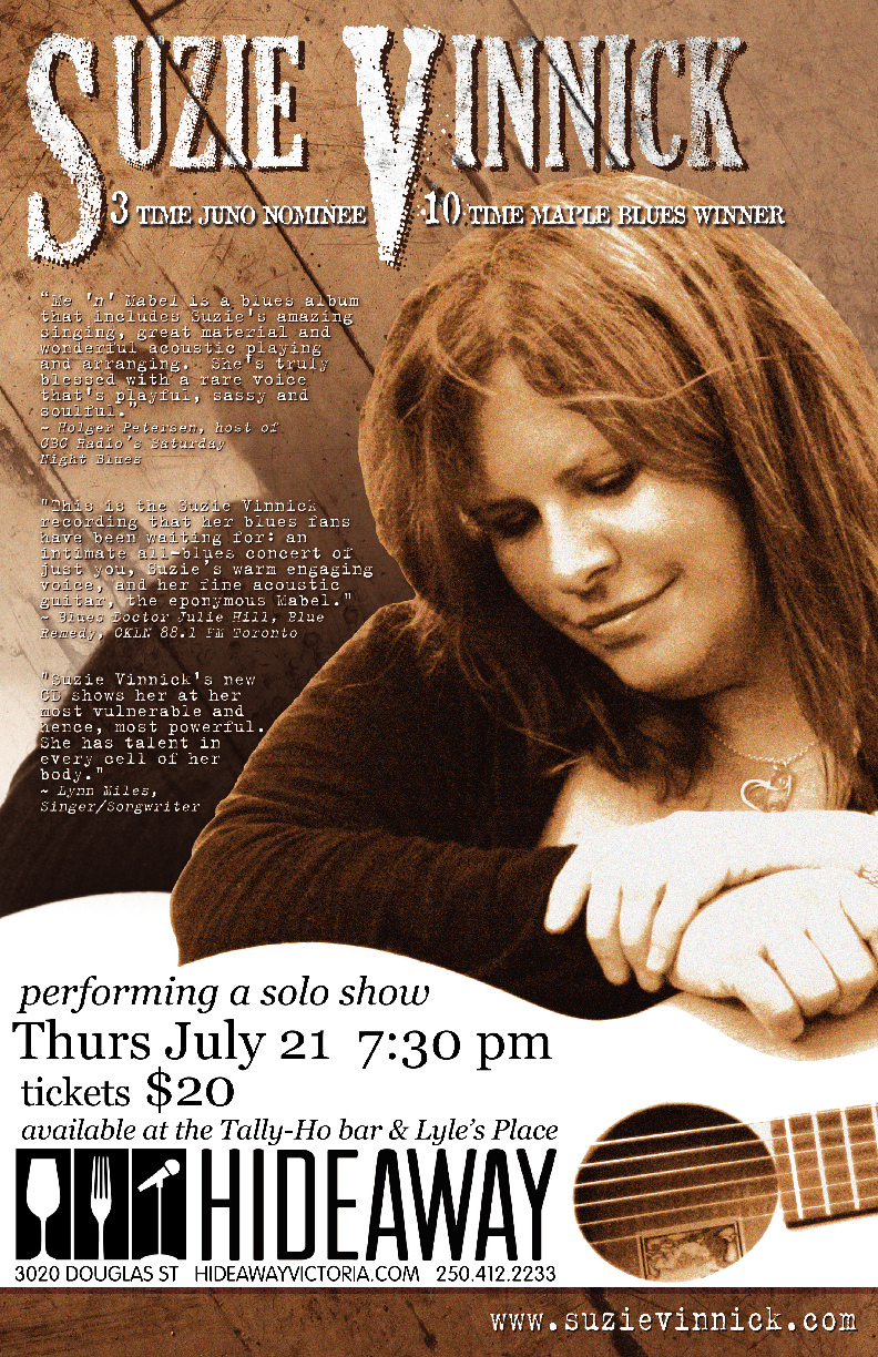 Acoustic Concert with: Suzie Vinnick @ Hideaway Caf&eacute; Dec 31 1969 - May 8th @ Hideaway Caf&eacute;