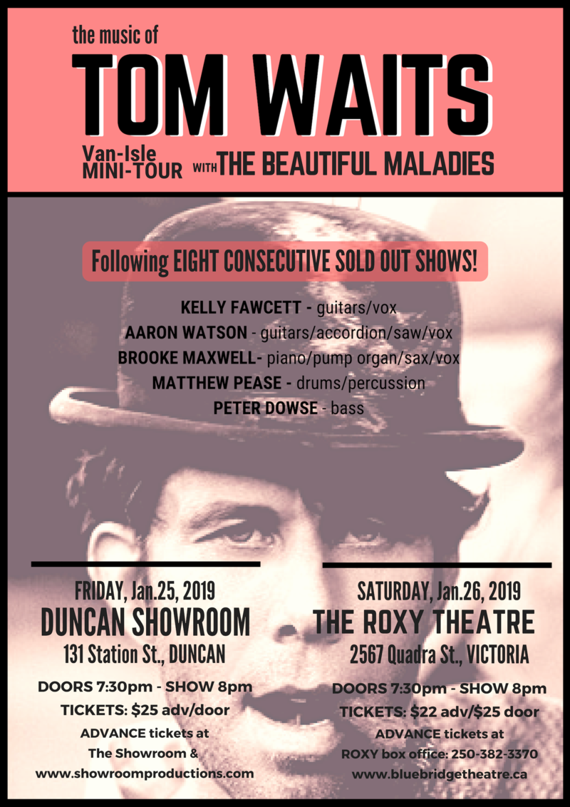 The Music of Tom Waits featuring The Beautiful Maladies: Kelly Fawcett, Aaron Watson, Brooke Maxwell, Matt Pease, Peter Dowse @ Blue Bridge Repertory Theatre Jan 26 2019 - May 8th @ Blue Bridge Repertory Theatre