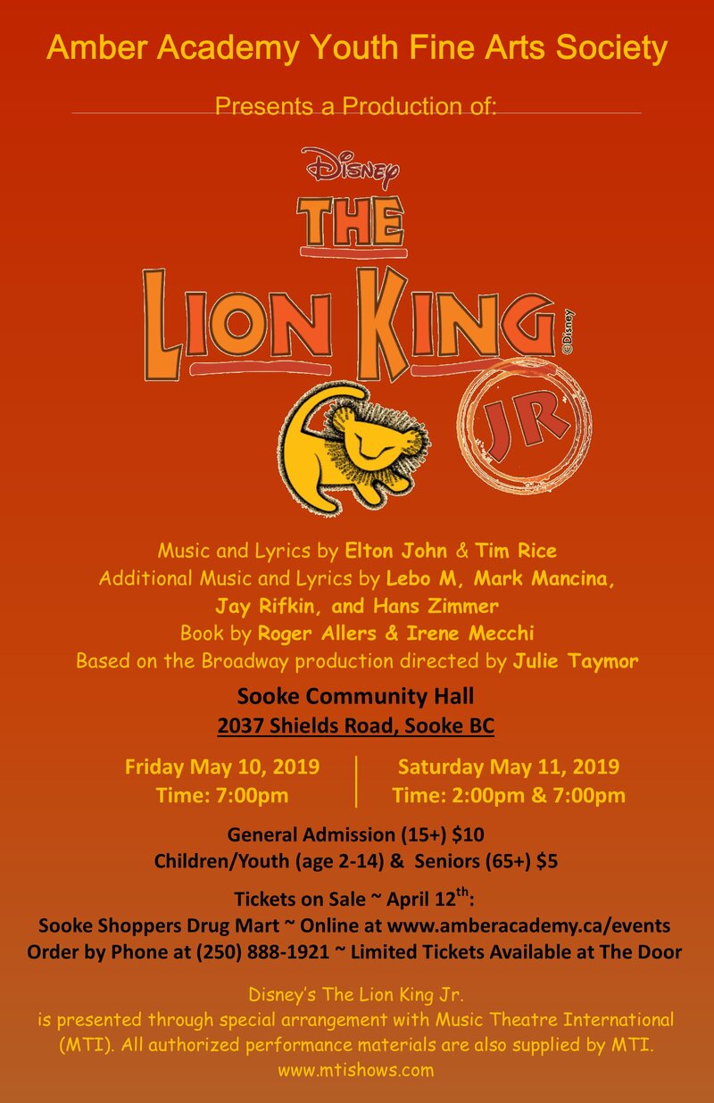 Disney's Lion King Jr.: Amber Academy Youth Fine Arts Society @ Sooke Community Hall May 10 2019 - Apr 30th @ Sooke Community Hall