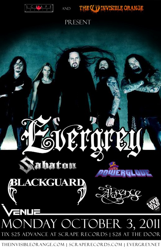 Evergrey, Sabaton, Power Glove, Blackguard, The Absence @ Venue Dec 31 1969 - May 13th @ Venue