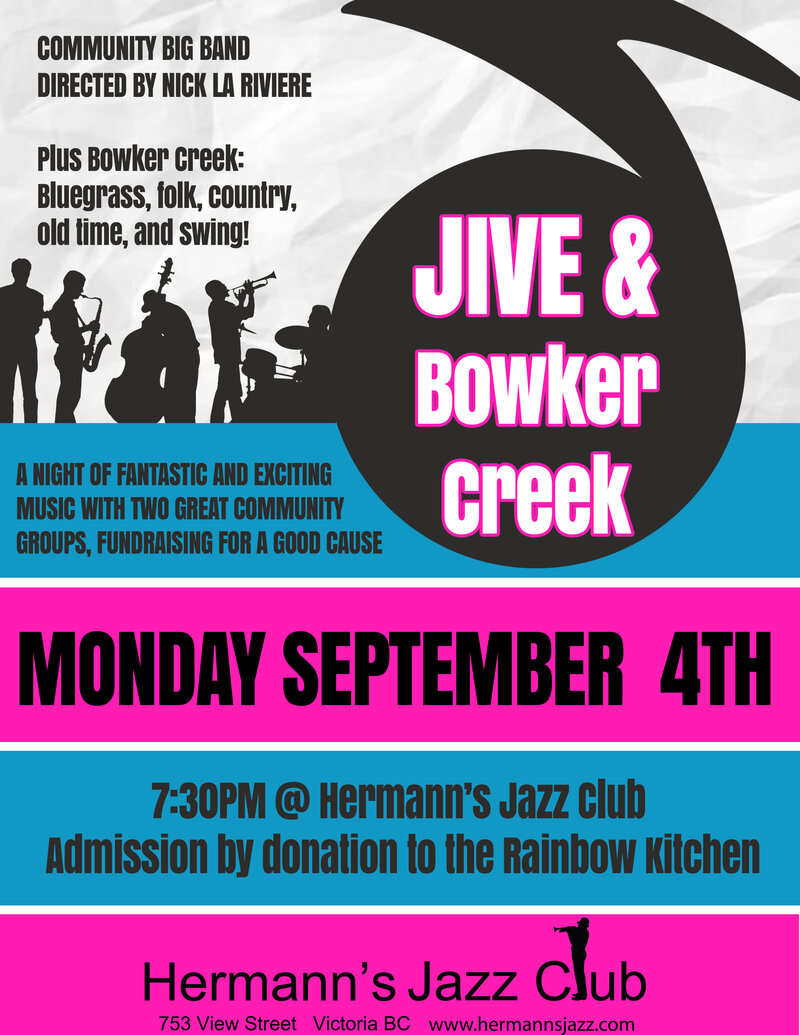 JIVE (the Jazz In Victoria Ensemble) with opening guests: Bowker Creek @ Hermann's Jazz Club Sep 4 2017 - Jun 6th @ Hermann's Jazz Club