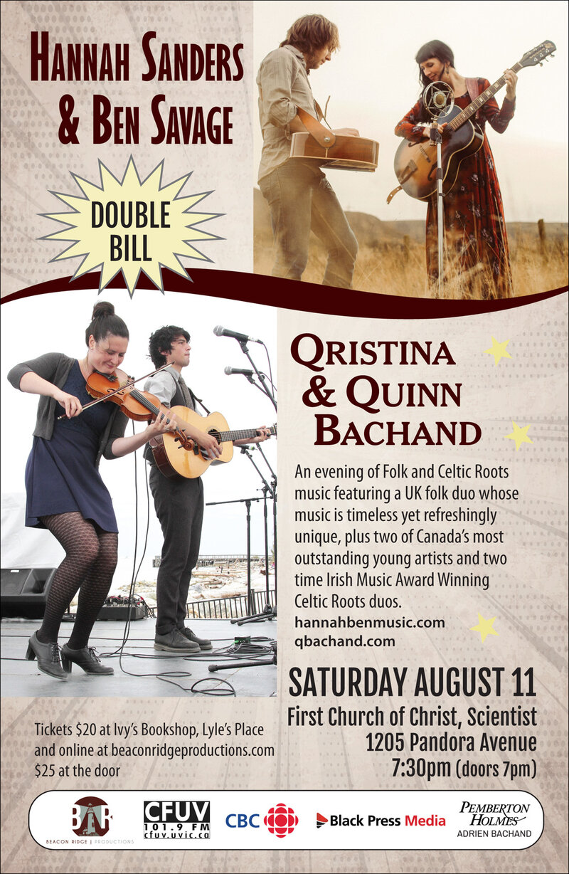 DOUBLE BILL!  Celtic Roots, Folk & Americana: Qristina & Quinn Bachand, Hannah Sanders & Ben Savage @ First Church of Christ, Scientist Aug 11 2018 - May 8th @ First Church of Christ, Scientist