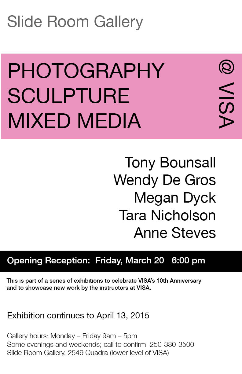 Photography, Sculpture & Mixed Media at VISA: Tony Bounsall, Wendy De Gros, Megan Dyck, Tara Nicholson, Anne Steves @ Slide Room Gallery Mar 20 2015 - May 6th @ Slide Room Gallery
