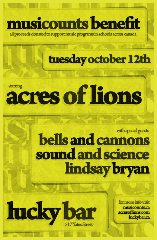 Musicounts Benefit: acres of lions, Bells & Cannons, Sound & Science, Lindsay Bryan @ Lucky Bar Oct 12 2010 - May 7th @ Lucky Bar