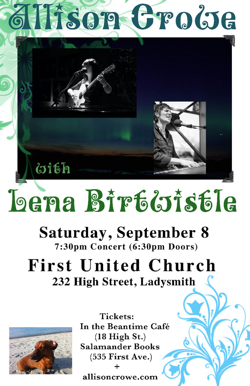 A fun concert for all &ndash; mixing voice, piano, and guitar &ndash; and genres from rock to folk, jazz, pop and soul.: Allison Crowe, Lena Birtwistle @ Ladysmith First United Church Sep 8 2012 - May 13th @ Ladysmith First United Church