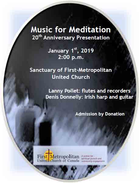 Music for Meditation: Lanny Pollet (Irish Flute, Recorder), Denis Donnelly  (Irish Harp, Guitar) @ United Commons (First Metropolitan United Church) Jan 1 2019 - May 14th @ United Commons (First Metropolitan United Church)