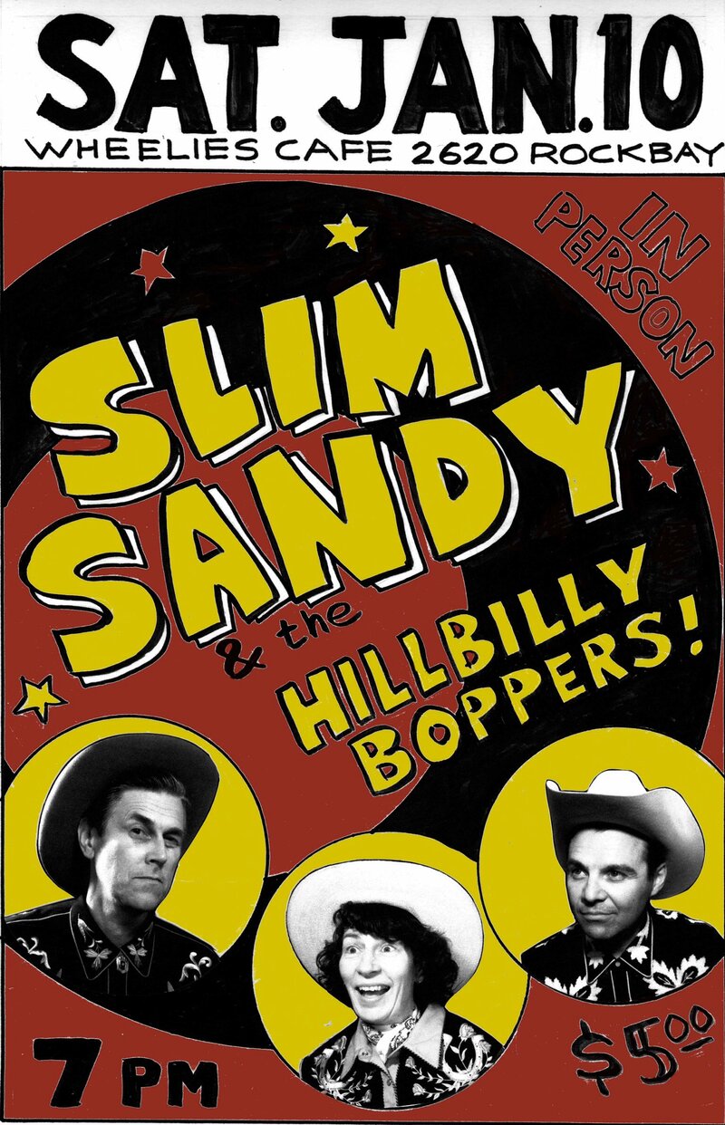 Slim Sandy and the Hillbilly Boppers @ Wheelies Motorcyles Jan 10 2015 - Jun 6th @ Wheelies Motorcyles