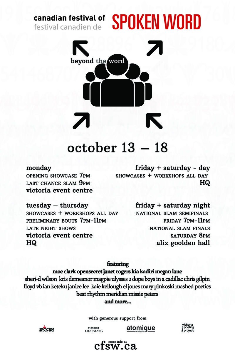 Canadian Festival of Spoken Word: Beyond the Word - Day One: Janet Rogers, El Jones, Kris Demeanor, Mary Pinkoski @ Victoria Event Centre Oct 13 2014 - May 12th @ Victoria Event Centre
