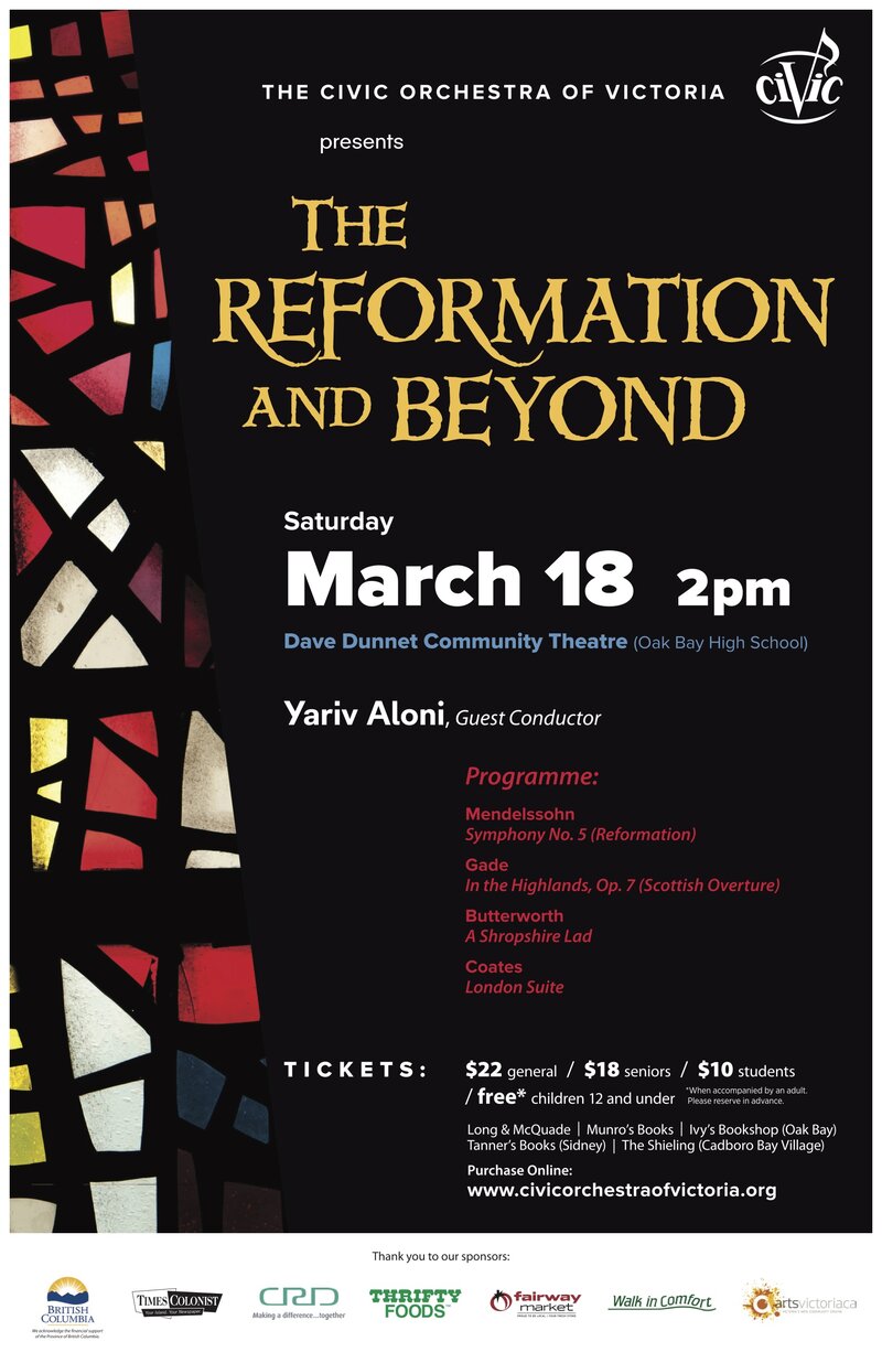 The Reformation and Beyond: The Civic Orchestra of Victoria @ Dave Dunnet Theatre  Mar 18 2017 - May 23rd @ Dave Dunnet Theatre 
