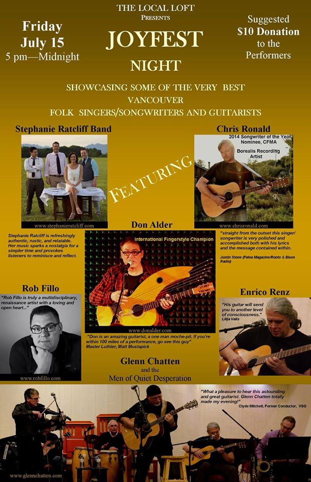 Joy Fest: Glenn Chatten, Don Alder, Chris Ronald, Stephanie Ratcliff, Enrico Renz, Rob Fillo, Ken Cade, The Men of Quiet Desperation @ Cuppa Joy Jul 15 2016 - May 17th @ Cuppa Joy